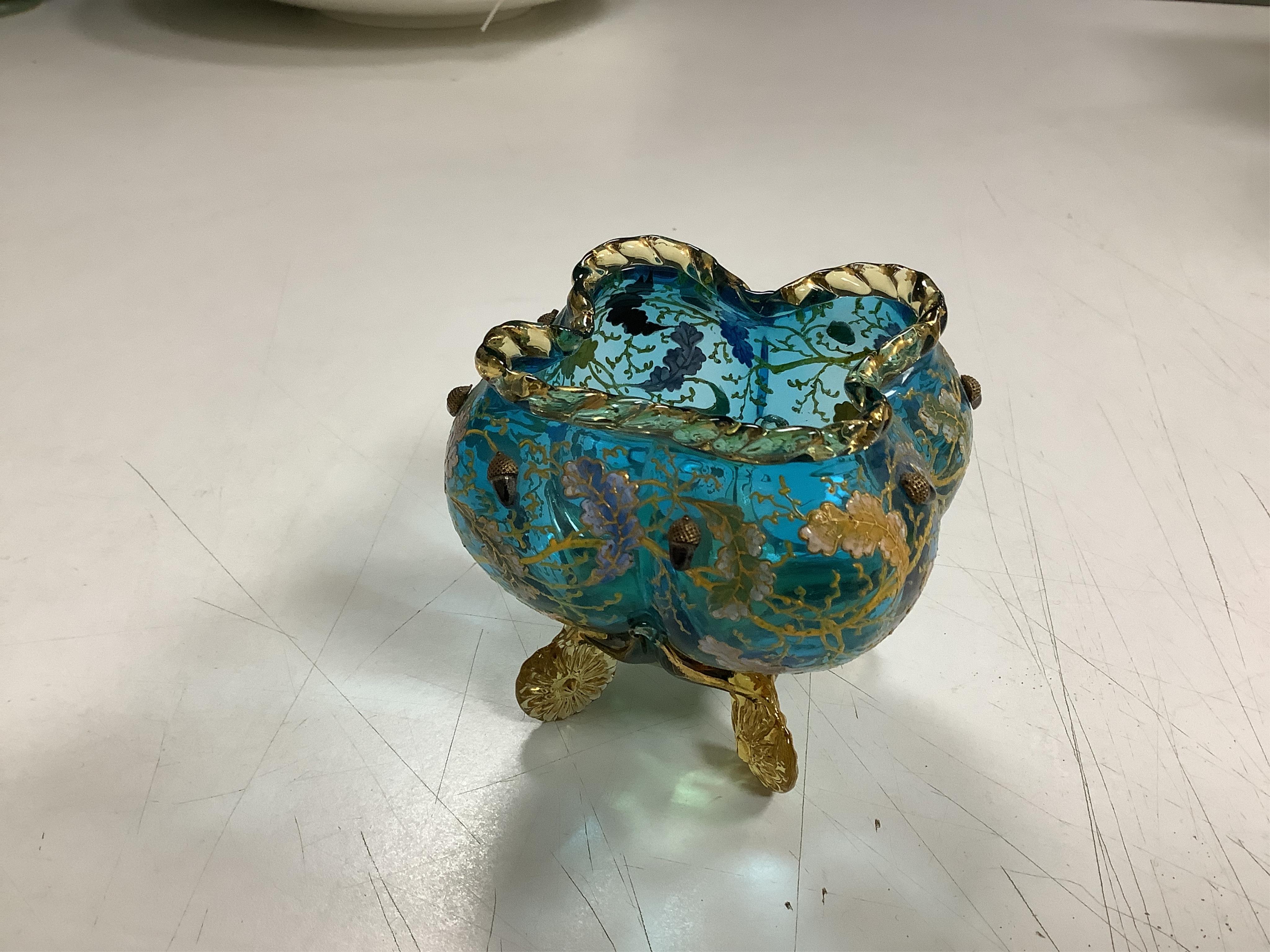 Three Bohemian gilt decorated glass vessels, including two Moser bowls and a tall Vaseline vase, 34.5cm high. Condition - good.